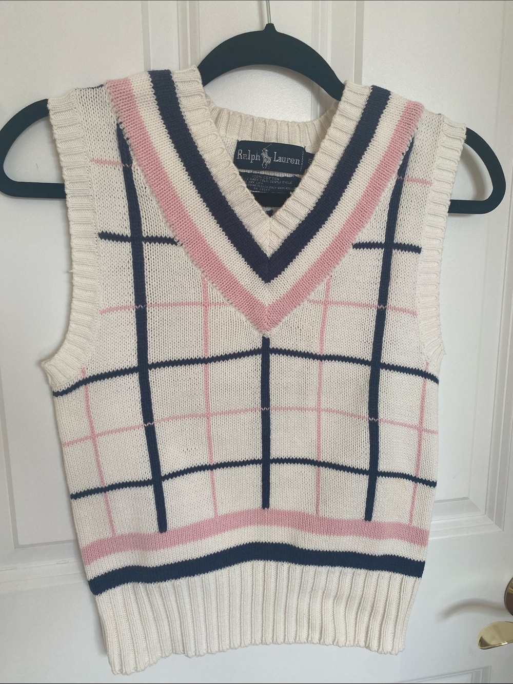 Vintage Ralph Lauren V-Neck Sweater Vest Cream, Pink & Navy Size S